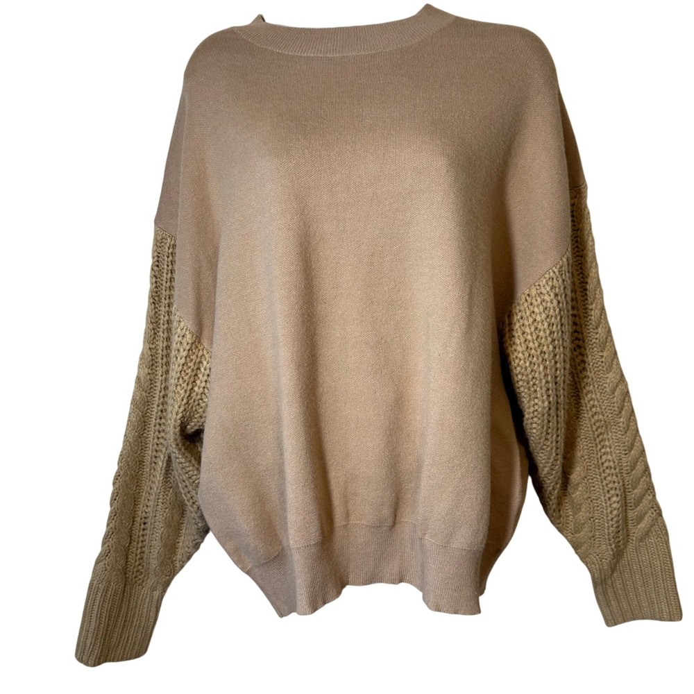 &merci Oversized Sweater Tan Mixed Knit Drop Shoulder‎ Chunky Sleeves Size Small